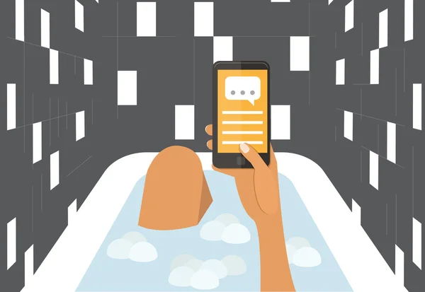 Kvinna i ett bad chating med smartphone. Platt design vektor illustration. — Stock vektor