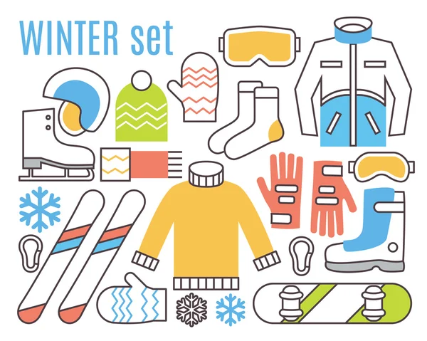 Activités sportives d'hiver. Snowboard, ski et chiffons chauds . — Image vectorielle
