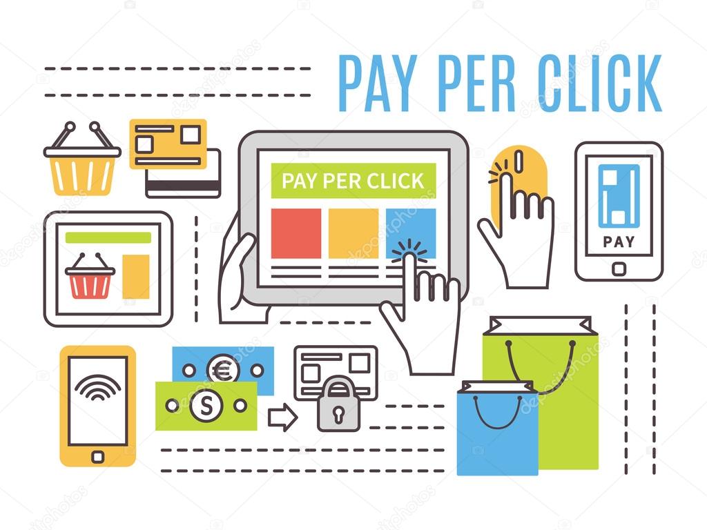 Pay per click internet advertising concept. Flat line vector illustration