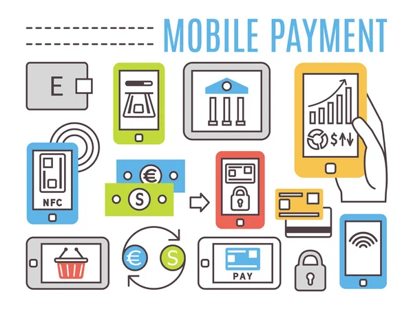 Banca móvil, pagos en línea. Iconos de vector plano de línea delgada — Vector de stock
