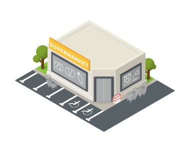 Vektör izometrik süpermarket bina simgesini.