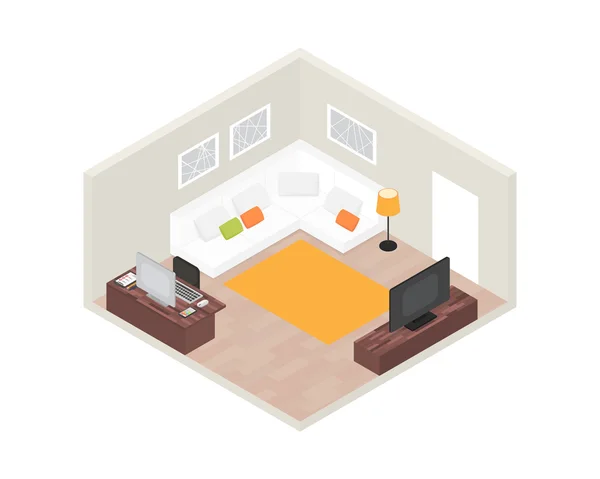 Interior de la habitación isométrica con ordenador y muebles. 3d vector ilustración . — Vector de stock
