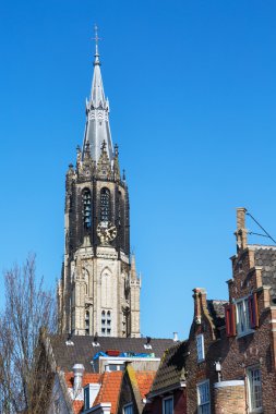 Colorful view with New Church tower in Delft, Holland