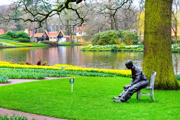 Statue of man, lake, flower bed with yellow daffodil flowers in Keukenhof, Holland