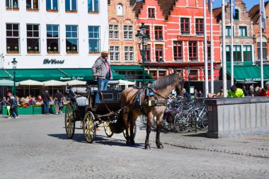 Fiaker turistler Bruges, Belçika için bekleyen kahverengi at ile