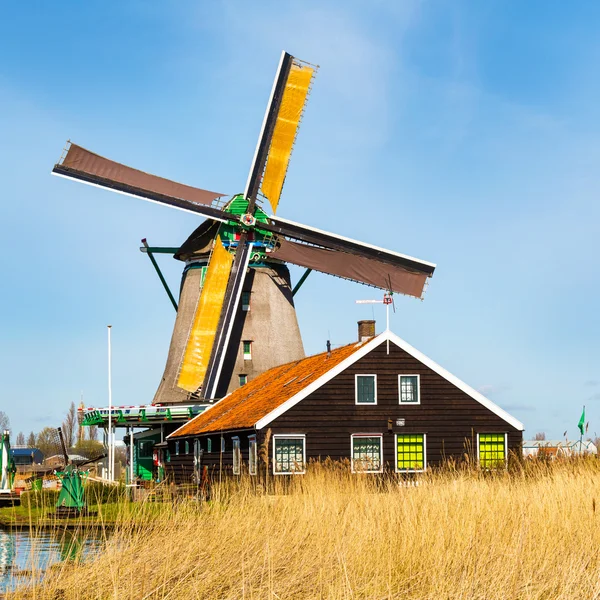 Yel değirmeni Zaanse Schans'a içinde geleneksel köy yakınındaki Amsterdam, Hollanda