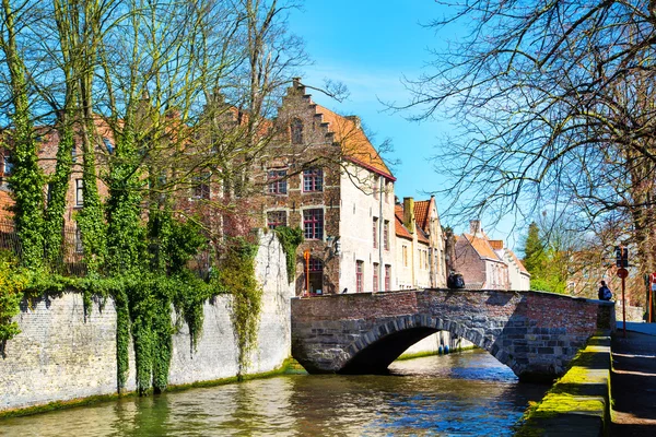 Doğal cityscape evleri, köprü ve yeşil kanal, Bruges, Belçika Groenerei