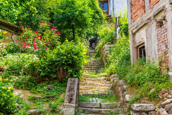 Belogradchik, Bulgarie paysage de ville avec vieil escalier et fleurs — Photo