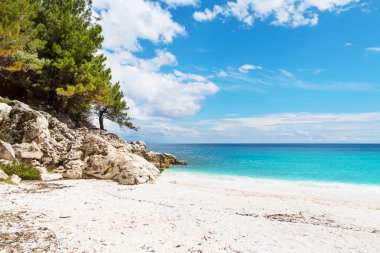 Panorama of seascape with greek Saliara aka Marble Beach, Thassos Island, Greece clipart