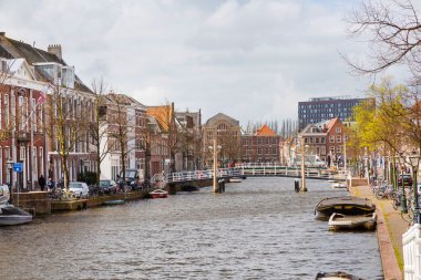 Geleneksel evler, kanal perspektif Leiden, Hollanda