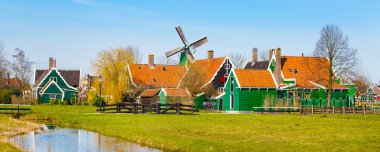 Panorama Zaanse Schans'a, geleneksel köy, Hollanda, yel ile Kuzey Hollanda
