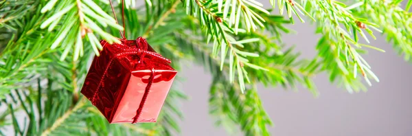 Новогодний или рождественский панорамный фон с зеленой веткой и красной коробкой подарков — стоковое фото