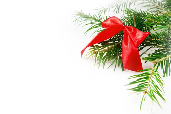 Christmas or New Year Background with green branch, vibrant red bow — Stock Photo, Image