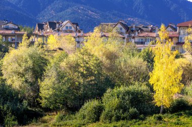 Bansko, Bulgaristan, sonbahar ağaçları ve evler