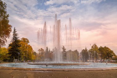 Budapeşte, Macaristan - 6 Kasım 2014: Margaret Adası Çeşmesi 'nin güzel manzarası ve yanında oturan insanlar