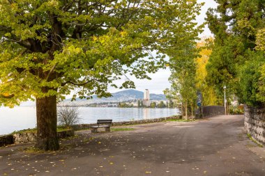 Montreux gezinti güvertesinin panoramik manzarası ve Cenevre Gölü, İsviçre, çiçekler ve ağaçlarla