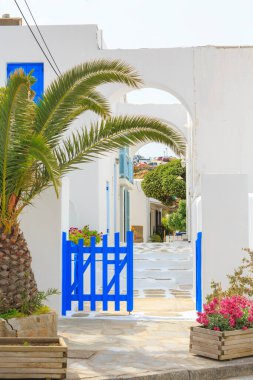 Yunan geleneksel beyaz ve mavi evi ve palmiye ağacı, Yunanistan, Kiklad