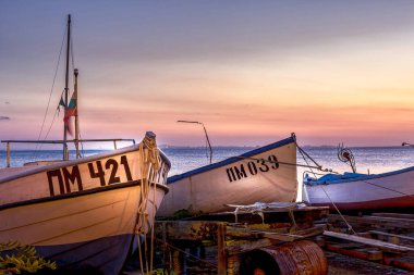 Pomorie, Bulgar tekneleri panorama, gün batımı