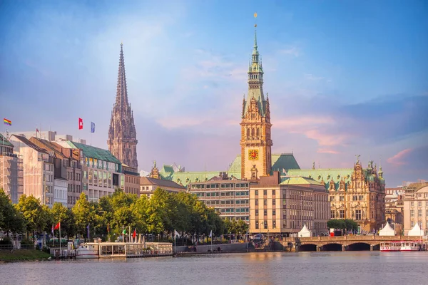 Hamburg Deutschland Bunter Rosafarbener Sonnenuntergang Oder Sonnenaufgang Blick Auf Die — Stockfoto