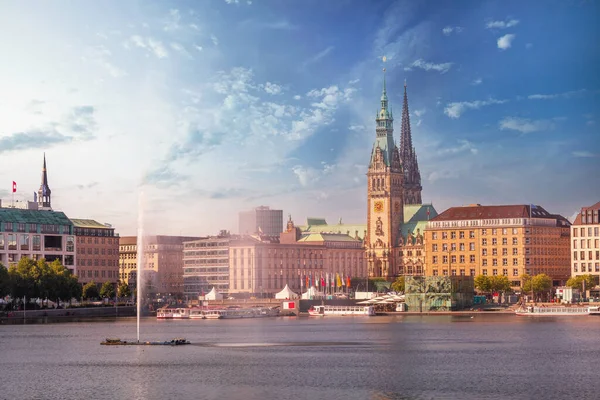 Hamburg Deutschland Bunter Sonnenuntergang Oder Sonnenaufgang Blick Auf Die Innenstadt — Stockfoto