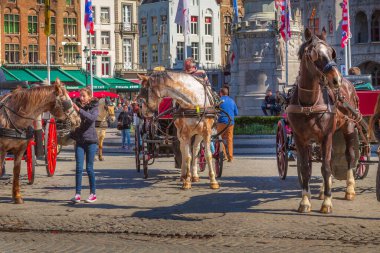 Bruges, Belçika - 10 Nisan 2016: Belçika 'nın popüler tatil beldesi Brugge' de pazar meydanında at arabası