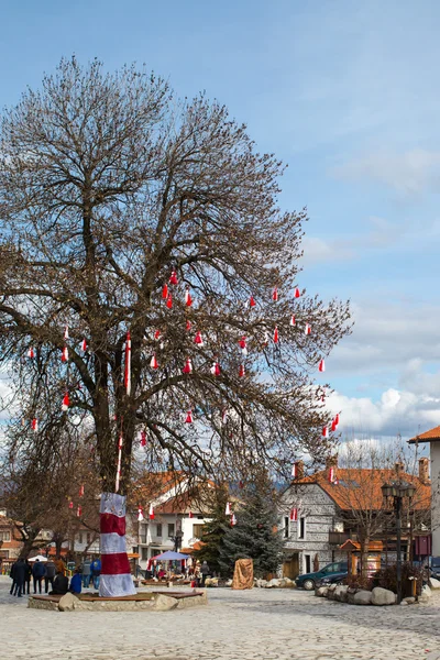 Många bulgariska traditionella anpassade våren registrera Martenitsa på trädet i mitten av Bansko, Bulgarien — Stockfoto