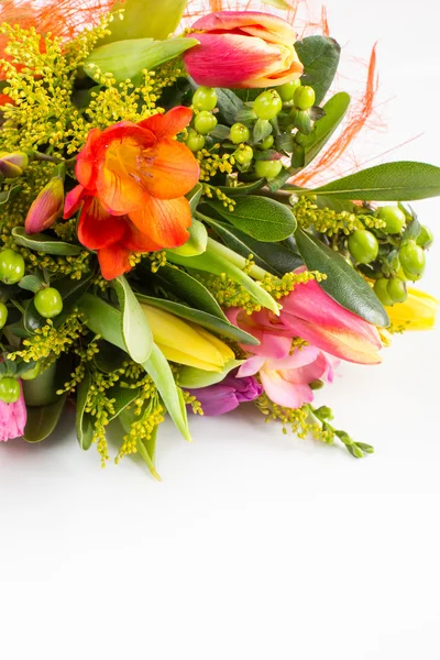 Lily och tulpaner blommor bakgrund isolerad på vit — Stockfoto