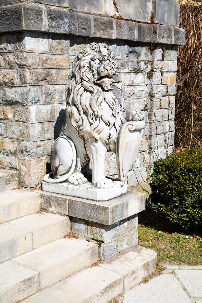 Lion Statue In The Garden Of Peles Castle Romania Stock Photo