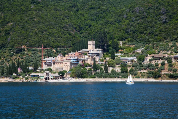 Vista sul mare del monastero di Dochiariou ad Athos monte, Calcidica, Grecia — Foto Stock