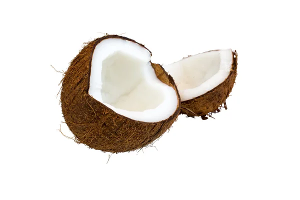 Duas partes de coco marrom isolado no fundo branco — Fotografia de Stock