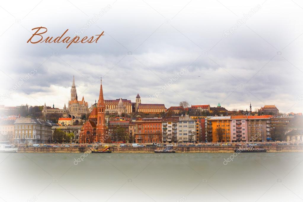 Textured Postcard or poster of Buda side in Budapest with St. Matthias church 
