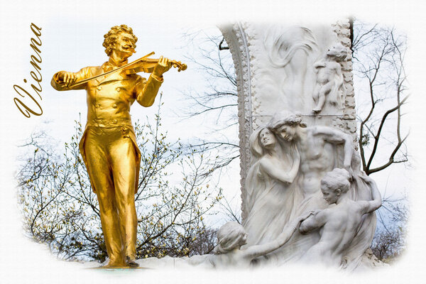 Текстурированная открытка или плакат со статуей Иоганна Штрауса, Штадпарк в Вене, Австрия
