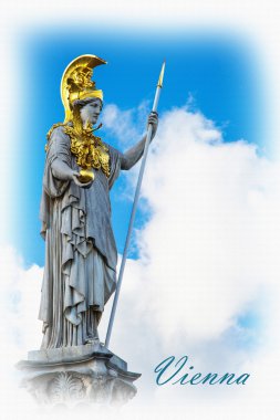 Dokulu kartpostal veya poster ile Pallas Athena heykeli yakınındaki Avusturya Parlamentosu, Viyana, Avusturya