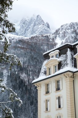 Dağlarda karla kaplı ev