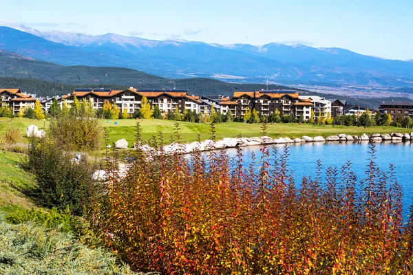 Красивое голубое озеро, деревья, деревянные дома и горы — стоковое фото