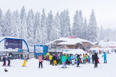 Ski resort Kopaonik, Sırbistan, kayakçı, lift, çam ağaçları Panoraması