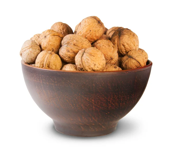 Clay Bowl Full Of Walnuts — Stock Photo, Image