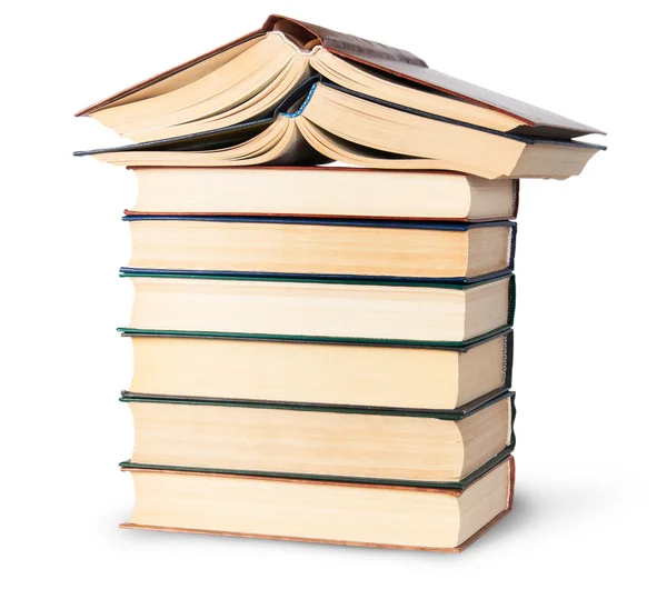 Stack of six old books with two open top rotated — Stock Photo, Image