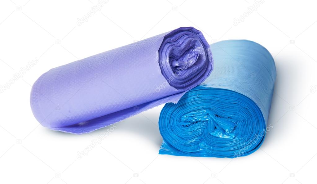 Two multicolored rolls of plastic garbage bags