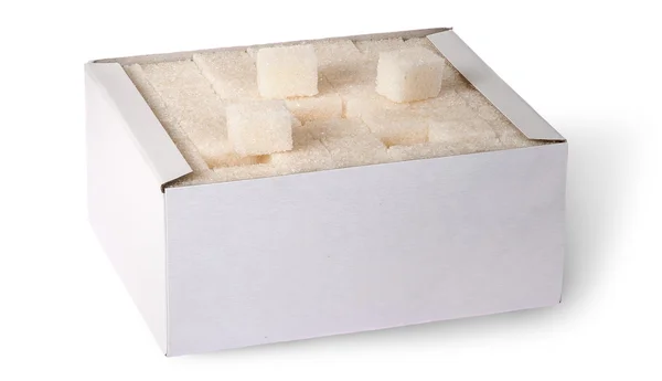 Cubos de açúcar branco em uma caixa vista superior — Fotografia de Stock