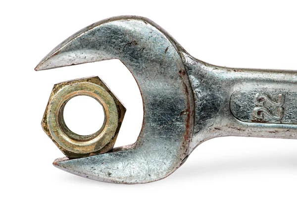 Närbild en gammal skiftnyckel och mutter — Stockfoto