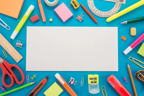 School office supplies on blue background — Stock Photo, Image