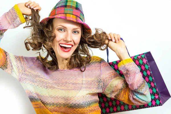 Crazy woman with shopping bags — Stock Photo, Image