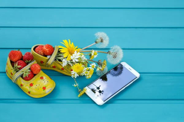 Fundo de verão com morango, flores e pequenos sapatos — Fotografia de Stock