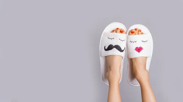 Funny Woman Legs Wearing Home Hotel Slippers Loving Couple Concept — Stock Photo, Image