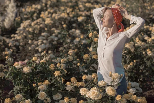 Mulher Vestido Rústico Luz Pôr Sol Andando Campo Verão Entre — Fotografia de Stock