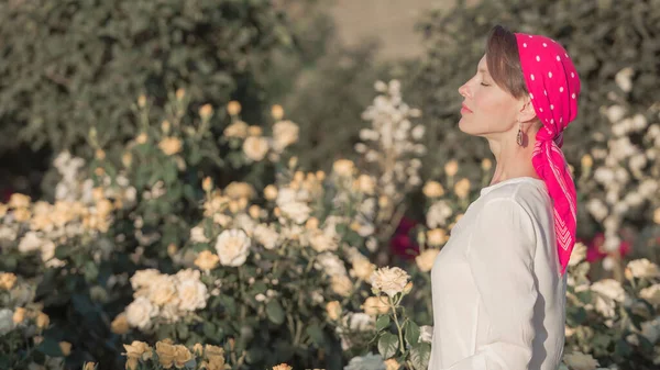 Woman Rustic Dress Sunset Light Walking Summer Field Garden Roses — Stock Photo, Image