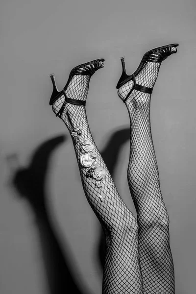 Жіночі Ноги Панчохах Високих Підборах Або Танцювальному Взутті Синьому Фоні — стокове фото