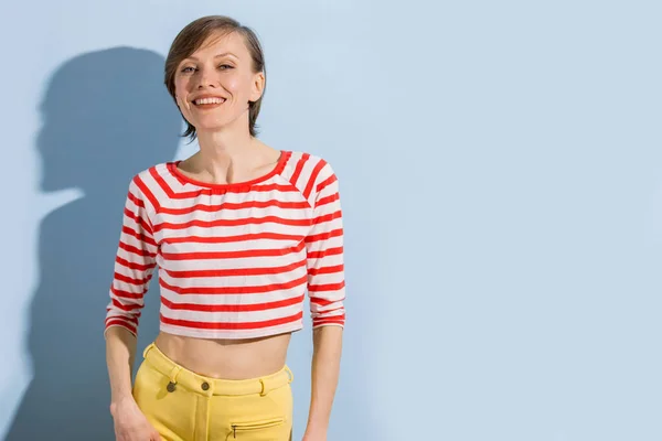 Happy Cheerful Young Woman Short Hair Natural Makeup Light Blue — Stock Photo, Image