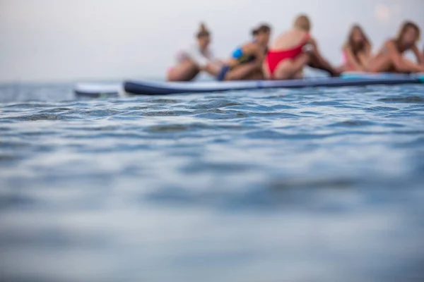 Blurred Background Women Doing Yoga Stand Paddle Board Water Sports — Stock Photo, Image